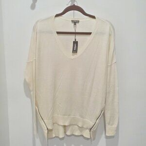 Express New Ivory V Neck Soft Knit Oversized Sweater with Side Front Zippers  XS